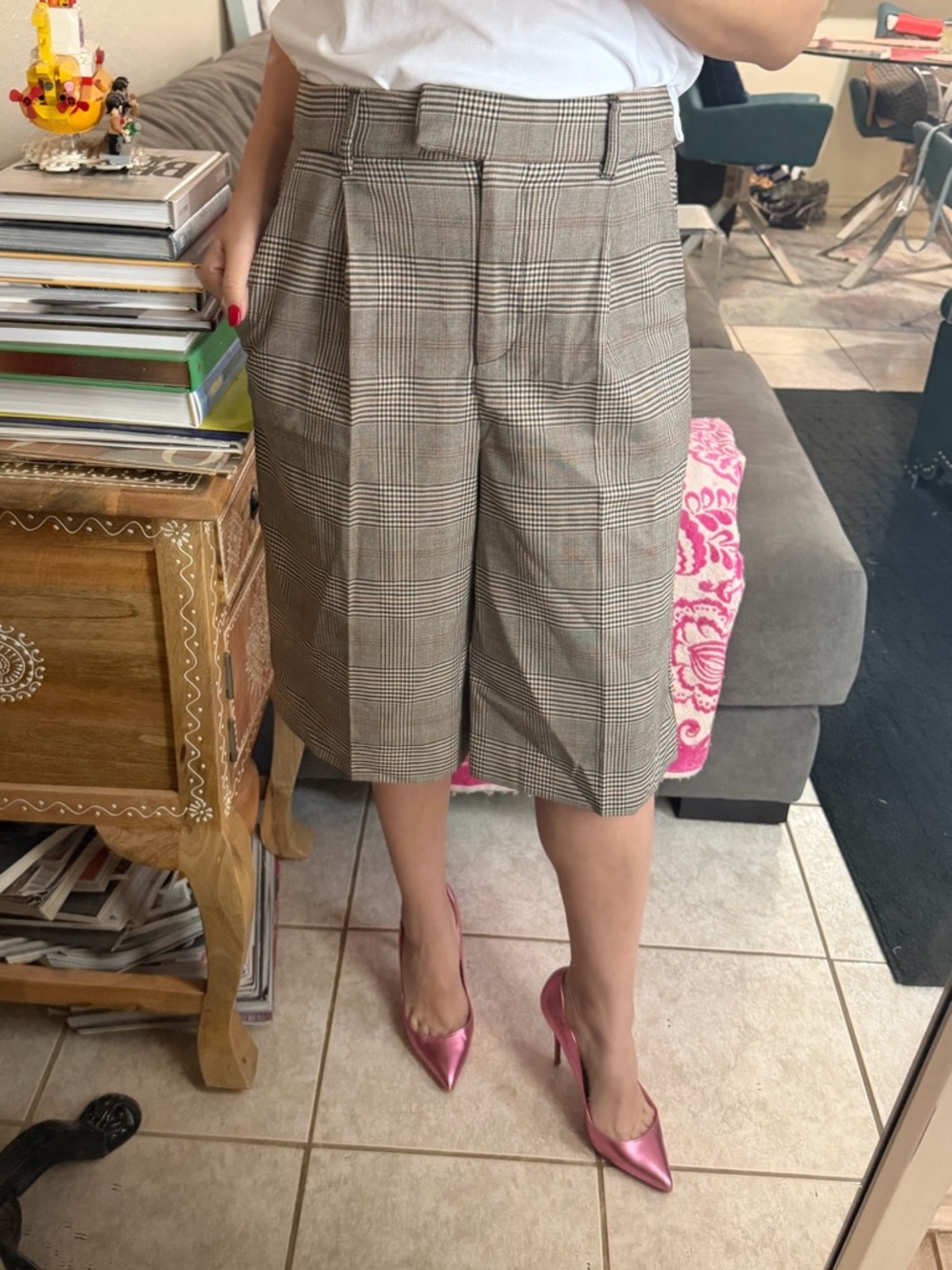Stradivarius Tailored Bermuda Shorts - Neutral Plaid